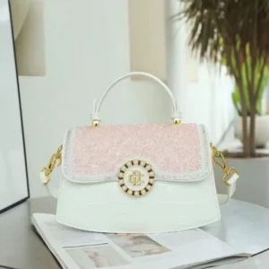 TD Pearl Emblem Rhinestone Croc Satchel Party Handbag