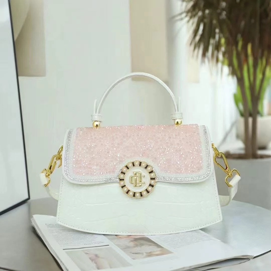 TD Pearl Emblem Rhinestone Croc Satchel Party Handbag